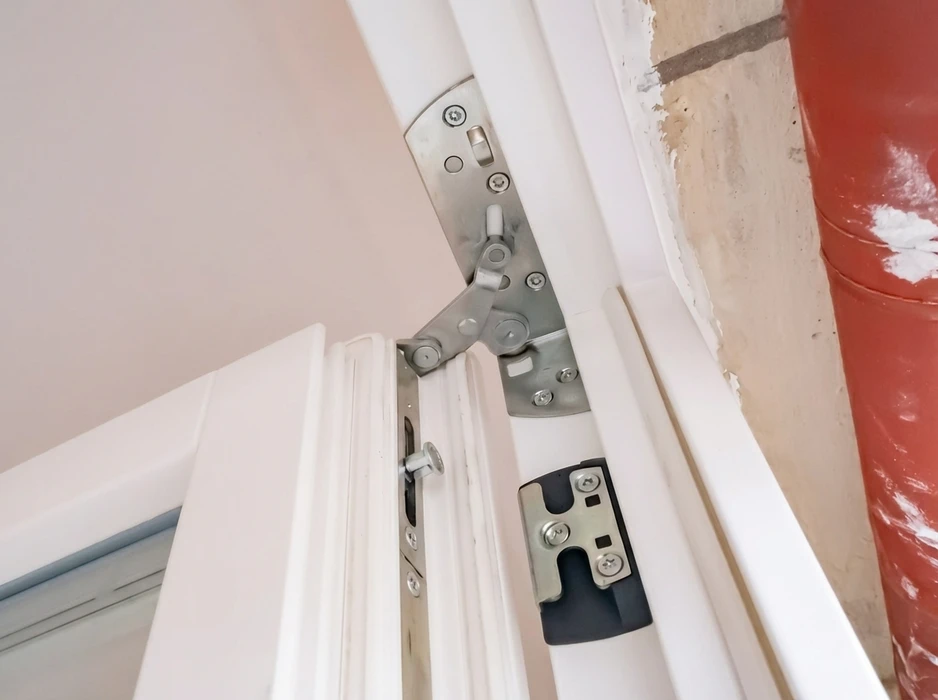 Gros plan sur la ferrure supérieure d'une porte PVC blanche, vue depuis l'intérieur