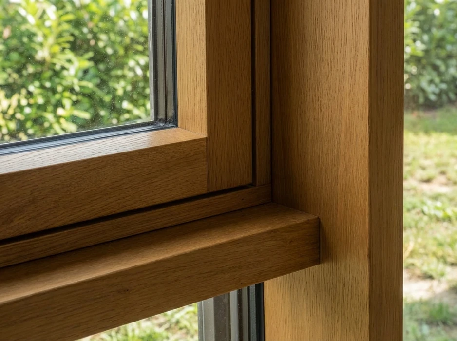 Intérieur d'une habitation, vue rapprochée d'un angle de fenêtre donnant sur un jardin verdoyant