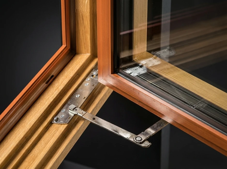 Gros plan sur l'angle inférieur d'une fenêtre à battant en bois de chêne avec profilé aluminium intégré