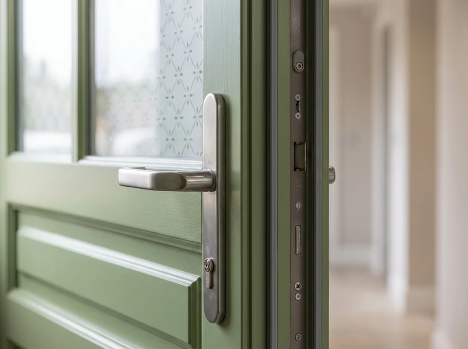Vue frontale d'une porte d'entrée moderne et élégante de qualité, bien intégrée à la façade d'une maison contemporaine. La porte est fermée, munie d'une poignée métallique ou chromée, avec des vitrages sécurisés partiels. Elle peut être entourée de cadre aluminium ou PVC de finition soignée. Le contexte montre une entrée résidentielle bien entretenue, donnant une impression de sécurité, de stabilité et de confort. L'éclairage naturel doit bien mettre en valeur la qualité et l'aspect professionnel de cette porte de remplacement.