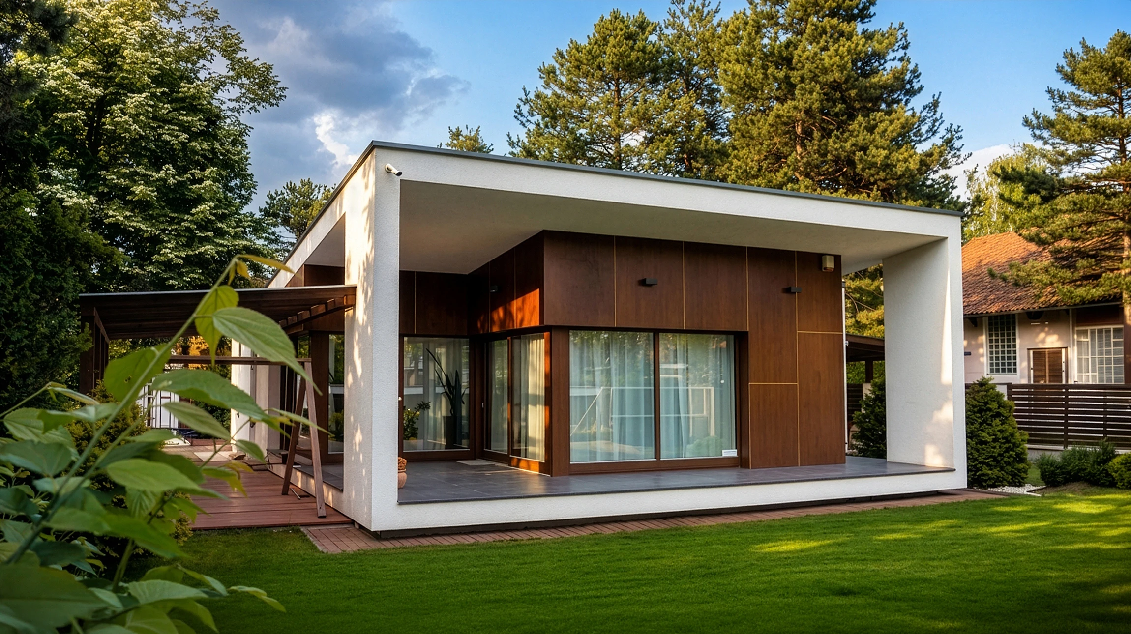 Fa&ccedil;ade ext&eacute;rieure d'une maison contemporaine avec murs en cr&eacute;pi gris clair